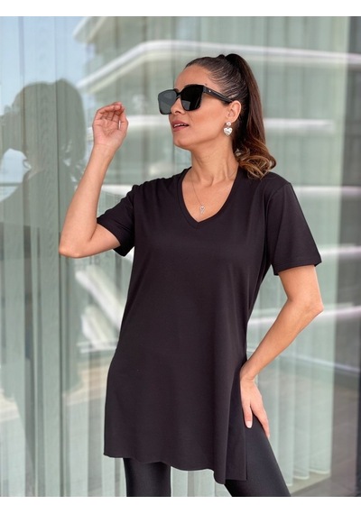 Siyah V Yaka Basic Kadın Tshirt Siyah