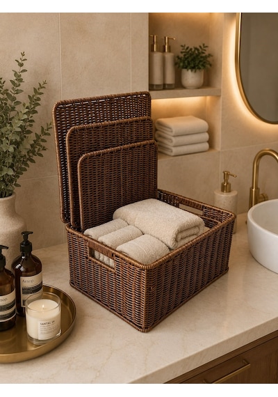 Morponi 3'lü Kapaklı Letta Organizer Çok Amaçlı Hasır Rattan Sepet Svr-bj71490 Sarı