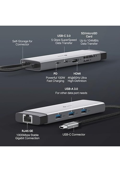 Uh9120c, 4k 60hz Hdmı, Gigabit Rj45 Port, 100w Hızlı Şarj, Sd Ve Microsd Kart Yuvası, 5gbps Data Transfer Hızı, 9'u Bir Arada Usb-c Hub