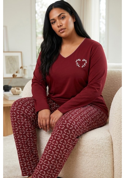 Siyah İnci Nakışlı Pamuklu Likralı Büyük Beden Battal Boy Örme Pijama Takım 26240905 Bordo