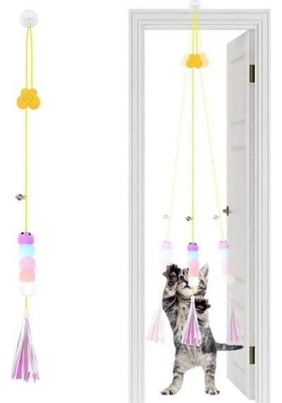 Yusa Stores Kendiliğinden Yapışkanlı Uzun İpli Tüylü Zilli Peluş Kedi Oyun Oltası Kedi Oyuncağı