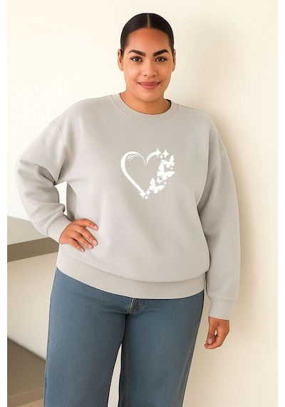 Benroma 3 İplik Penye Kelebekli Kalp Baskılı Büyük Beden Unisex Sweatshırt Gri