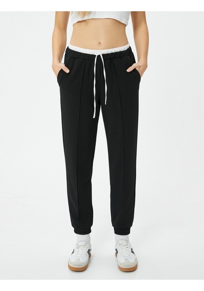 Koton Jogger Pantolon Çift Bel Detaylı Bağlamalı Nervürlü Siyah 4sal40146ık Siyah