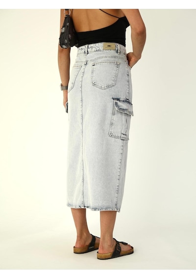 Zeo Basic Kargo Cep Detaylı Yırtmaçlı Maxi Denim Etek Mavi