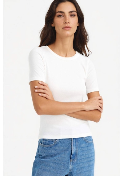 Defacto Slim Fit Dar Kesim Bisiklet Yaka Basic Düz Fitilli Kaşkorse Kısa Kollu Tişört C0097ax25auer105 Ekru