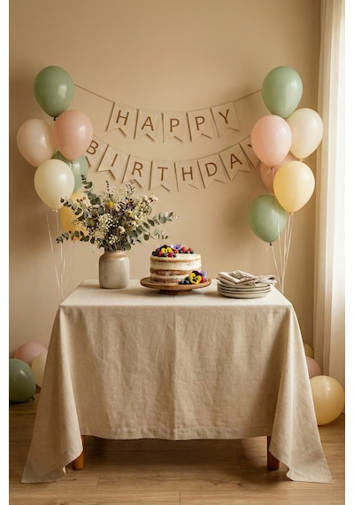 Naturel Keten Masa Örtüsü - Nişan, Baby Shower, Doğum Günü Özel Gün Organizasyon Vintage Örtü Bej