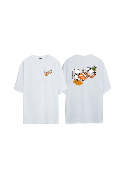 Thewert Unisex Güneşlenen Sushi Ön Arka Baskılı Beyaz Oversize T-shirt