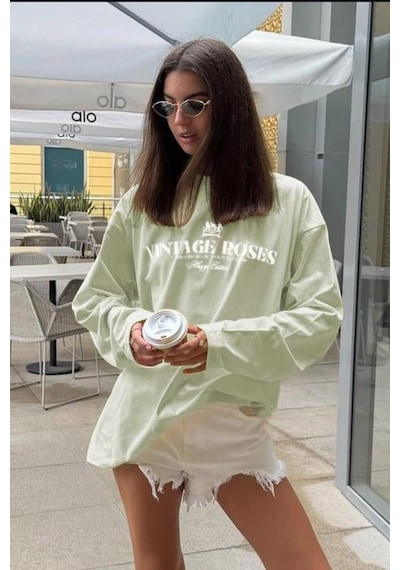 Madmext Mint Yeşili Baskılı Uzun Kollu Tişört Mg2451 Mint Yeşili