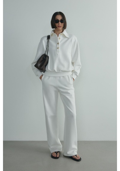 Suud Collection Ekru Polo Yaka Düğmeli Sweatshirt