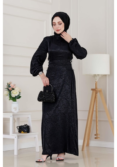 Buse Yanı Bağcıklı Saten Abiye-siyah-4996