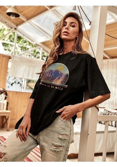 Kadın Siyah Oversize Mountain Slogan Baskılı T-shirt Siyah