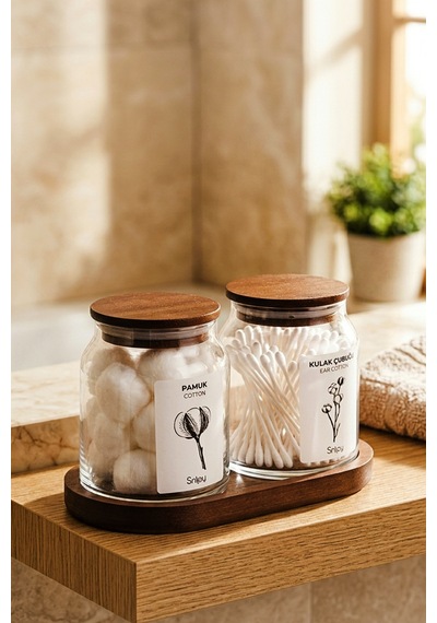 Velar - Bambu Standlı Vakum Bambu Kapaklı Etiketli Banyo Düzenleyici Cam Banyo Seti Banyo Organizeri Kahverengi