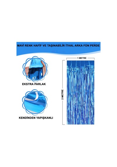Mavi Renk Ekstra Metalize Parlak Saçaklı Arka Fon Perde İthal A Kalite 1x2 Metre Nessiworld