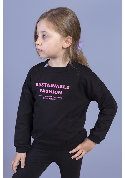 Toontoy Kids Toontoy Kız Çocuk Cep Detaylı Baskılı Sweatshirt Siyah