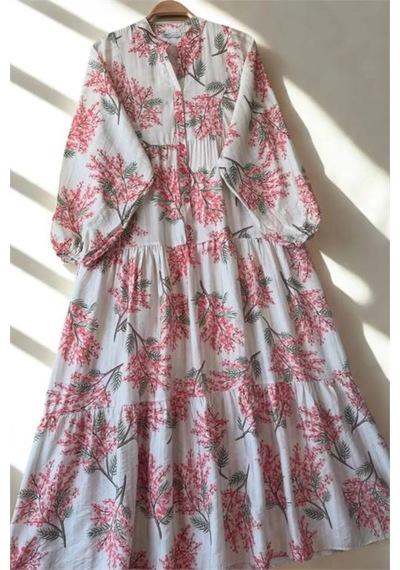 Neşeli Butik Kadın Pembe Hakim Yaka Düğmeli Viskon Çiçek Desenli Tesettür Elbise Nms099