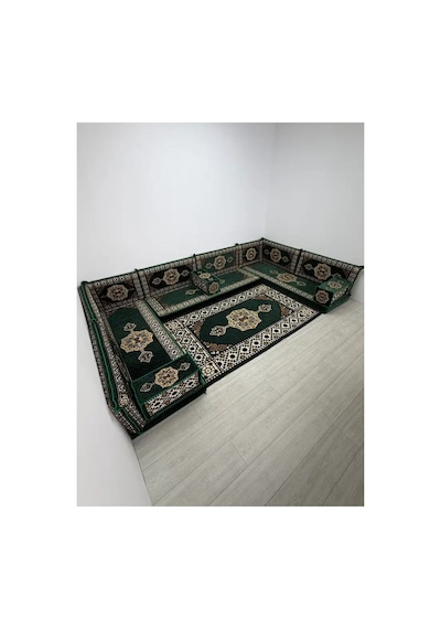 Güneş Modeli Yeşil Otantik Şark Köşesi Takımı U Set - Geleneksel Yer Minderi Seti 10 Cm Minder Kalınlığı 15 Parça