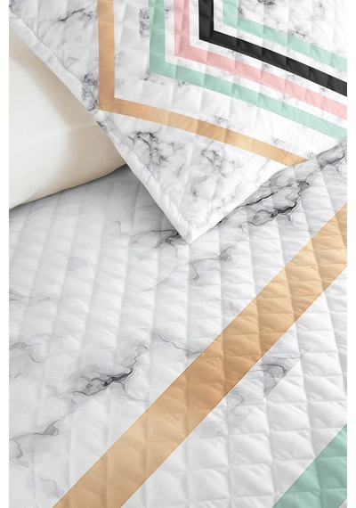 Mermer Geometrik Mint Genç Odası Tek Kişilik Pike Takımı - Pudra Antrasit 160x220 Cm Yatak Örtüsü Mistik Kadife Kıyısı