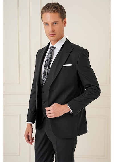 Efor Slim Fit Kırlangıç Yaka Çift Yırtmaçlı Yelekli Klasik Siyah Takım Elbise Tk 895 Siyah Efor Slim Fit Kırlangıç Yaka Çift Yırtmaçlı Yelekli Klasik Siyah Takım Elbise Tk 895 Siyah