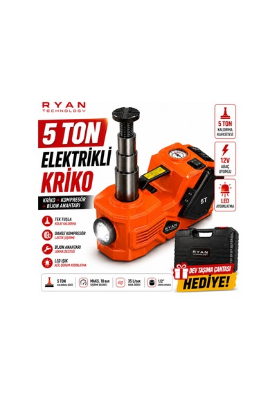 5 Ton Hidrolik Araç Krikosu 12v 4in1 Elektrikli Kriko Seti Hava Kompresörü Bijon Sökme Anahtarı Lastik Değiştirme Led Rj-5t