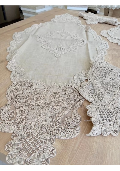 Salon Takımı Çeyizlik Krem Runner Set 5 Parça Keten Masa Örtüsü Runneri Gerdan Sarı