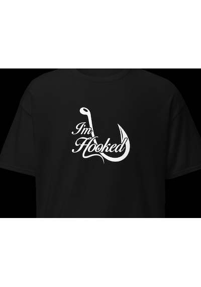 Wildstyle I'm Hooked Balıkçılık Olta Balıkçı Tutkusu Baskılı Unisex Bisiklet Yaka Pamuklu Tişört Siyah