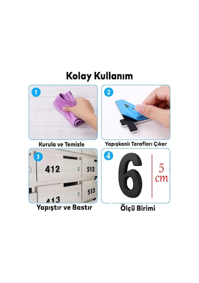 Yapışkanlı Kapı Numarası Küçük Boy 50 Mm 5 Cm Numara 6 Rakam Altı Sayı Siyah Renk Numaralar 1 Adet Diğer