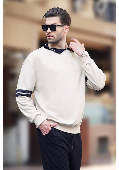 Madmext Bej Polo Yaka Oversize Kolu Şeritli Erkek Sweatshirt 7048-bej Bej
