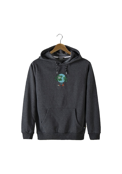 Unisex Antrasit Kapüşonlu Önü Earth Baskılı Slim Fit Kanguru Cepli Sweatshirt Antrasit