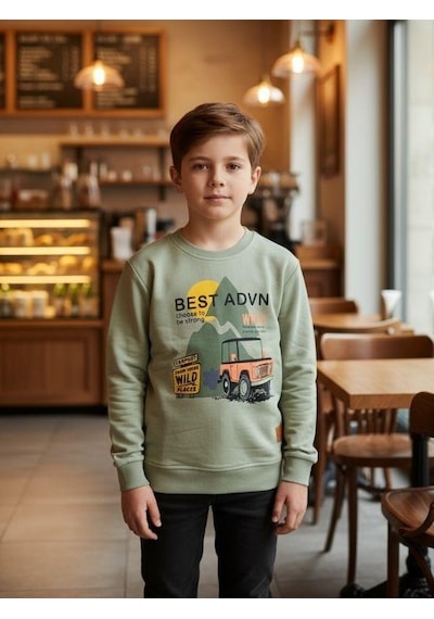 Zekids Erkek Çocuk Pamuklu Best Advn Yazılı İnce Uzun Kollu T-shirt-16342 Haki