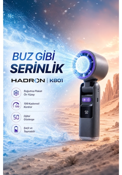 Hadron K801 Şarjlı Soğutma Plakalı Mini El Fanı Dijital Göstergeli 199 Kademeli