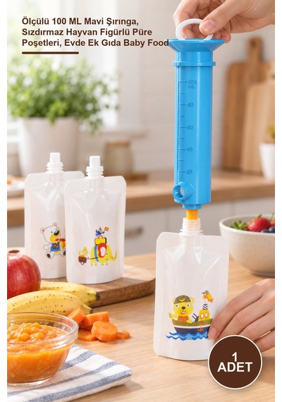Bebek Püre Doldurma Aparatı Ölçülü 100 Ml Şırınga, Sızdırmaz Hayvan Figürlü Püre Poşetleri, Ev Yapımı Baby Food Puree