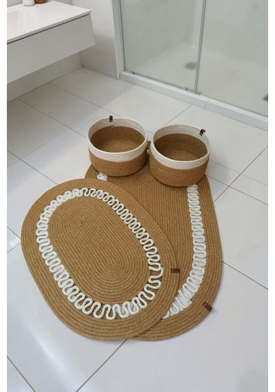 El Yapımı Dekoratif Örgülü Model Banyo Seti 2 Li Paspas 50x80 Ve 40x60 + 2 Organizer Sepet 18x18 Cm Hasır Jüt Renk