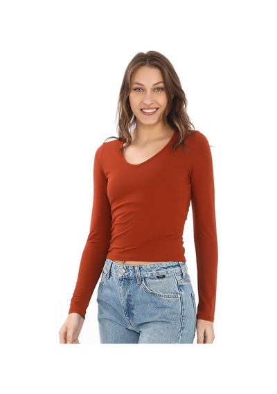 V Yaka Slim Fit Tişört-kiremit Kiremit