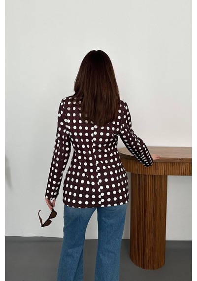 Cemo Kadın Puantiyeli Tek Düğmeli Blazer Ceket Kahve