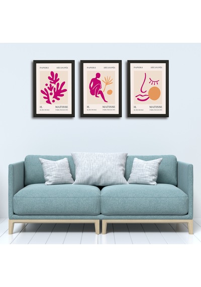 Henri Matisse 3'lü Alüminyum Çerçeveli Poster Seti - Önden Açılır A3 Açılır Kapanır Çerçeve Seti Fuşya Pembe Soyut Figürler, Siyah