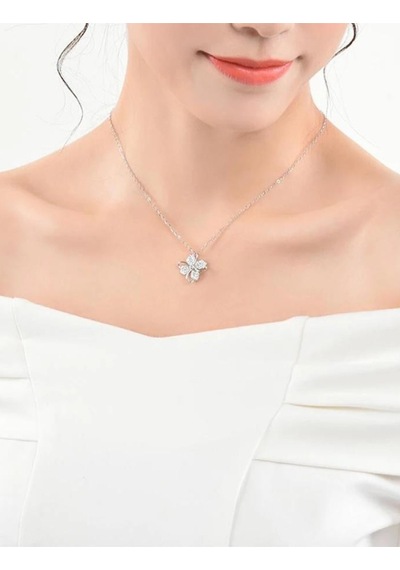 Brezza Lusso Jewelry Gümüş Zirkon Taşlı Dört Yapraklı Yonca Kadın Kolye Bileklik Set