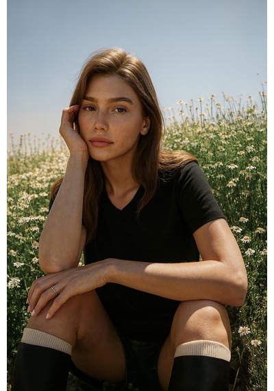 Markapia Kadın V Yaka Kısa Kollu Düz T-shirt Siyah
