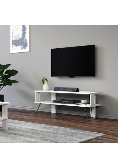 Duama TV Sehpası – Metal Ayaklı, Açık Raflı Tasarım, 120 cm, Beyaz