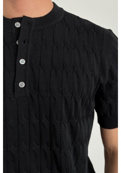 Cool Tarz Erkek Siyah Hakim Yaka Düğmeli Slim Fit Triko T-shirt Siyah Siyah
