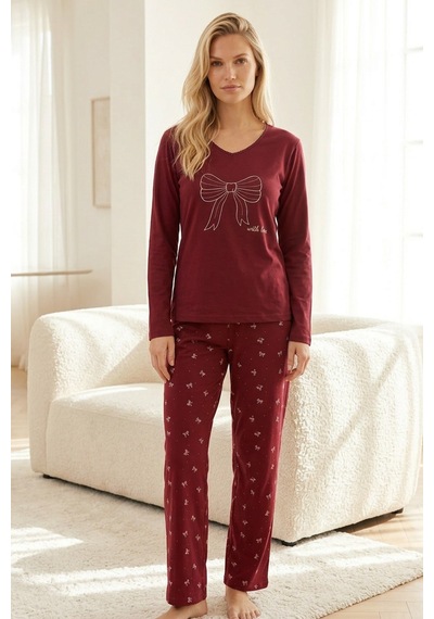 Siyah İnci Nakışlı Pamuklu Likralı Örme Pijama Takım26240306 Bordo