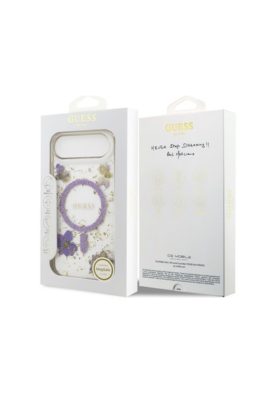 Apple Uyumlu iPhone 17 Air  Kılıf Guess Lisanslı M-safe Şarj Özellikli Transparan Resin Flowers Kapak Mor Mor