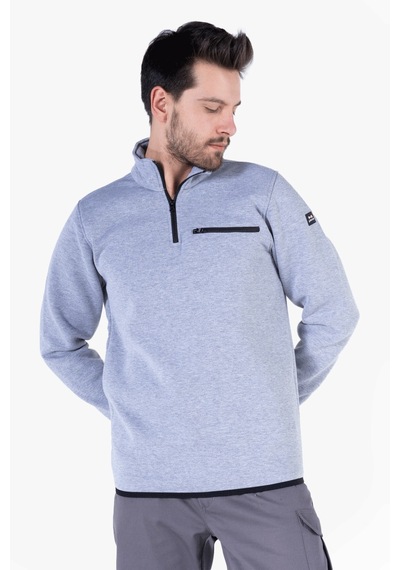 3 İplik Dik Yakalı Fermuarlı Sweatshirt Gri Melanj