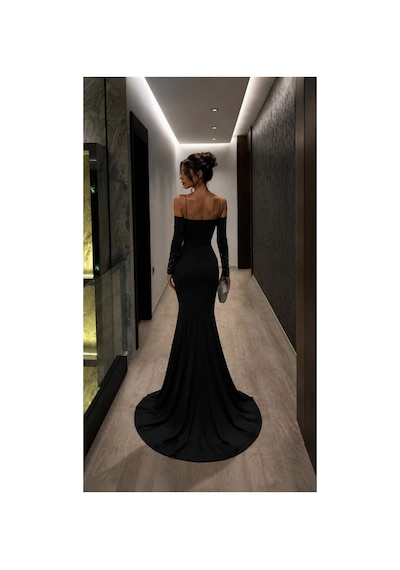 DefyModa Kadın Günlük Tek Omuz Taş Detaylı Abiye Elbise Siyah
