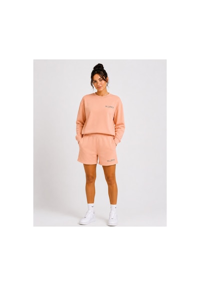Herkesemoda Hüppy Baskılı Kadın Oversize Şortlu Sweatshirt Eşofman Takımı Pudra