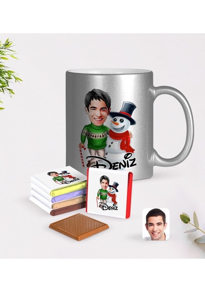 Kişiye Özel Erkek Yeni Yıl Karikatürlü Krom Kupa Ve Çikolata Hediye Seti-3
