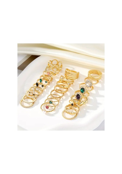 Yasel - 25 Parça Yapay Elmas Taşlı Tasarım Figürlü Şık Vintage & Bohem Çoklu Gold Altın Yüzük Seti
