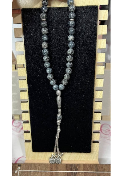 Doğal Obsidyen Taşı Tesbih 33 Lü Gümüş Renk İmameli Doğal Taş