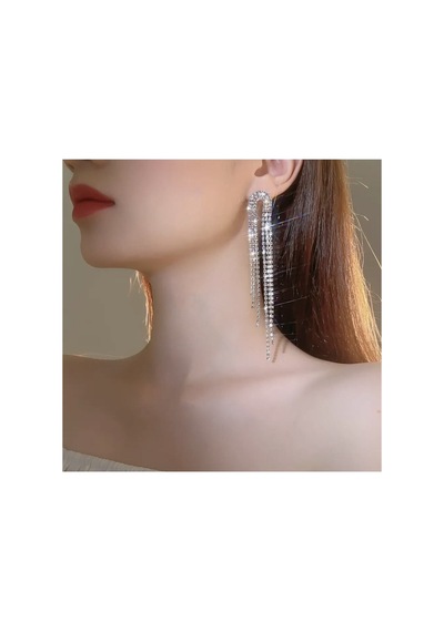 Püsküllü Uzun Sallantılı Zirkon Taşlı Parıltılı Su Yolu Abiye Küpe 6 Cm Silver
