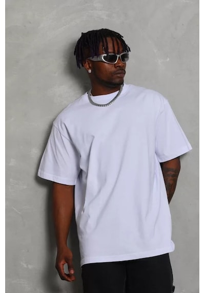 Suma Unisex Oversize Bisiklet Yaka Düz T-shirt Beyaz Xl