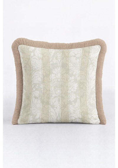 Vintage Damask Motifli Saçaklı Yastık Kılıfı - Avangart Çiçekli Krem Vizon Püsküllü Kırlent Kılıfı Siyah